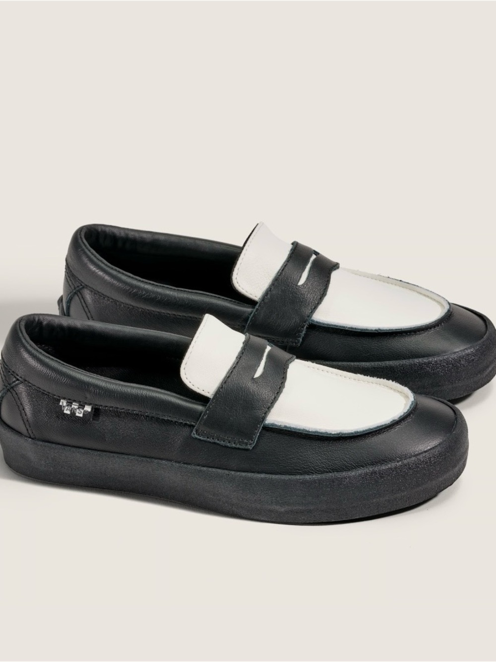 Vans Black and White Leather Penny Loafers